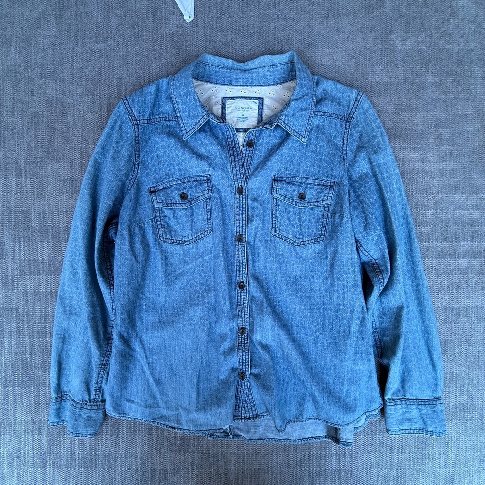 Sonoma Life Style Denim Shirt Womens Large Blue Textured Long Sleeve Button-Up